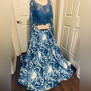 Sherri Hill Blue and White Bishop Sleeve Prom Dress